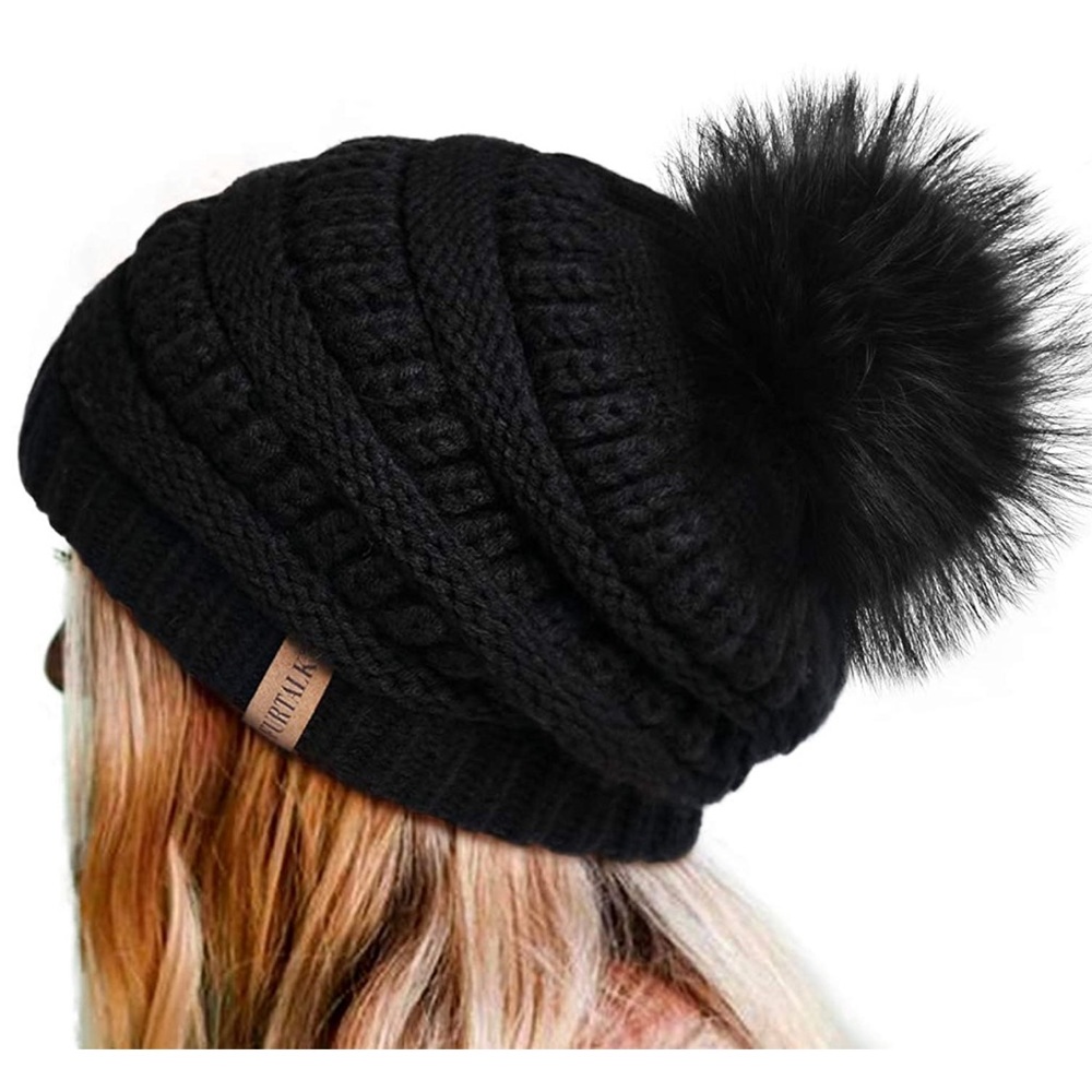 Slouchy Black Beanie with Black Real FurPom Pom